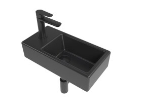 SAT - Koupelnový set levého závěsného umývátka Brevis 40,5 cm, pákové baterie, sifonu, průtočné zátky a roháčků v černé barvě KSETBRE2LBKM KSETBRE2LBKM