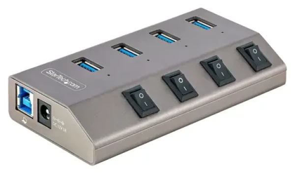StarTech USB Hub 4 porty šedá / USB rozbočovač / 4x USB-A / jednotlivé vypínače portů / napájecí adaptér (5G4AIBS-USB-HUB-EU)