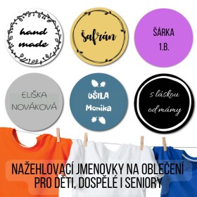 Jmenovky pro děti, dospělé, seniory SOFTLY SADA 30mm (20ks), vlastní text, nažehlovačka na oblečení