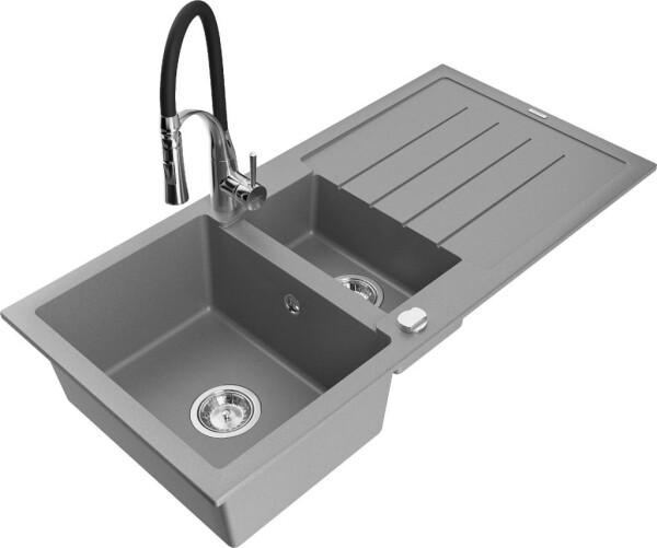 MEXEN - Andres granitový dřez s odkapávačem včetně baterie Aster, šedá 6515-71-73450-07