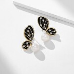 Náušnice s perlou a zirkony Estafania - motýl, Černá Bílá