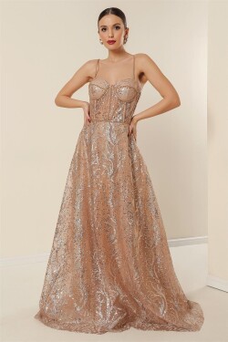 By Saygı Rope Strap Bead Detailed Lined Sequins And Silvery Underwire Long Dress Salmon
