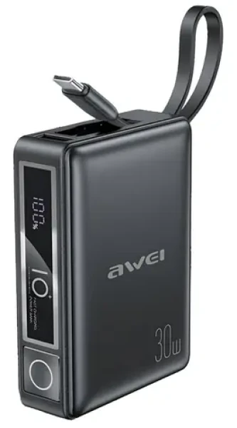 AWEI P87K černá / Powerbanka / 10000mAh / 30W / integrovaný kabel USB-C + Lightning (P87K)