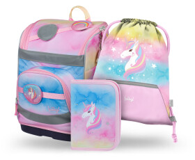 Školní aktovkový 3-dílný set BAAGL ZIPPY PLUS - Rainbow Unicorn (aktovka, penál, sáček)