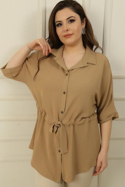 By Saygı Belted Waist and Front Buttoned Plus Size Ayrobin Tunic Shirt