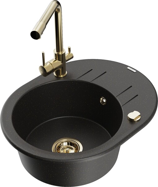 MEXEN/S - Kevin granitový dřez s odkapávačem včetně baterie Duero, černá/zlatá metalik 6517-75-671600-50