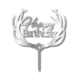 P0lastový zápich do dortu Cesil Happy Birthday s parohy stříbrný