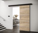 Posuvné dveře Salwador IV Dveře: Bíle mat, Pásky / úchyty: Černá, Horní pojezdová lišta: Dub artisan
