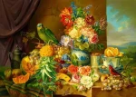 ENJOY Puzzle Josef Schuster: Zátiší s květinami, ovocem a papouškem