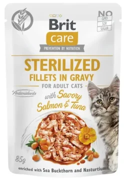 Brit Care Sterilované filety v omáčce s pikantním lososem a tuňákem obohacené o rakytník a nasturtium 85 g