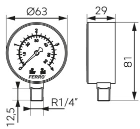NOVASERVIS - Manometr 63mm 1/4" Radiál 0-4 bar M6304R