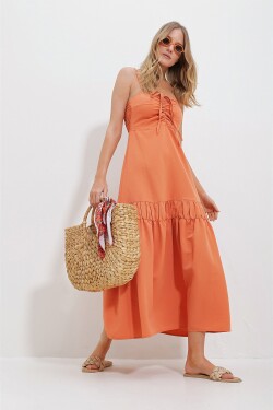 Trend Alaçatı Stili Women's Cantaloupe Linen Dress with Adjustable Straps and Gabardine at Back