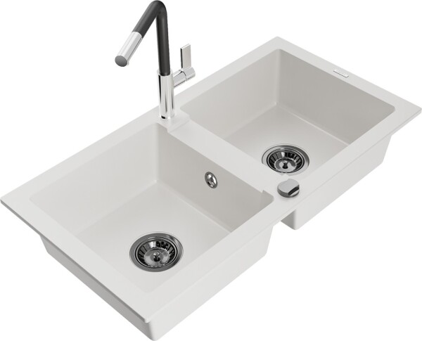 MEXEN/S - Mario granitový dřez 2-bowl včetně baterie Flora, bílá 6504-20-670401-07-B