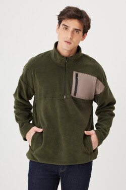 AC&Co Altınyıldız Classics Men's Khaki Oversize Wide Cut High Bato Collar Pocket Detailed Zippered Cold Proof Fleece Sweatshirt