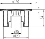 MIDAS Podlahová vpusť - přímá D50/84, celonerezový rámeček 150x150 mm, mřížka SUN p1643