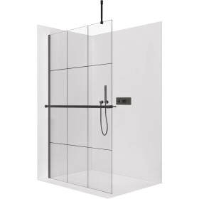 CERANO Sprchová zástěna Walk-in Onyx Top Cube L/P - 8 mm - hranatá vzpěra + polička/držák na ručníky - černá matná, industriální sklo - 150x200 cm