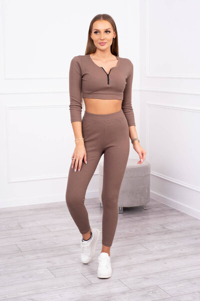 Žebrovaný crop top set mocca UNI