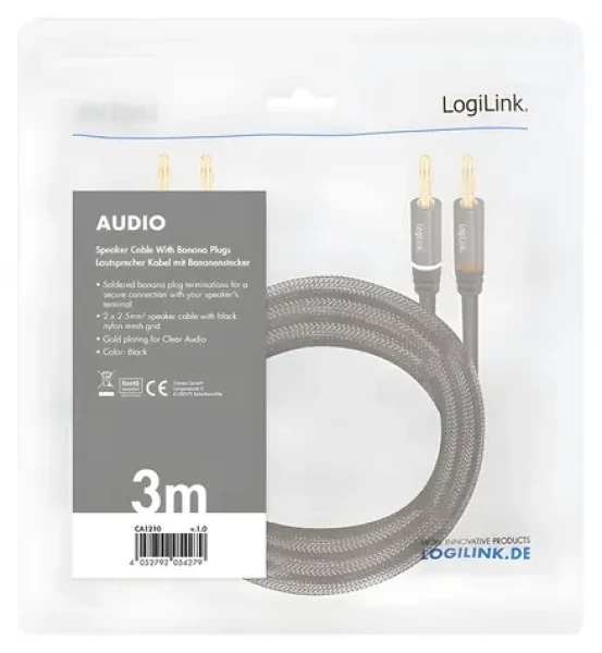 LogiLink audio kabel banánek černá / Audio kabel / Banánek - Banánek / 3 m (CA1210)