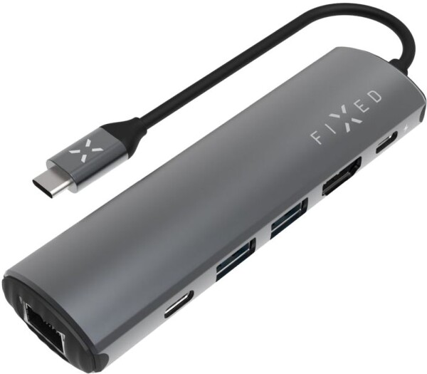 FIXED 6-portový hliníkový USB-C HUB Pro pro notebooky a tablety šedá / 2x USB / 2x USB-C / RJ45 / HDMI (FIXHU-P-GR)