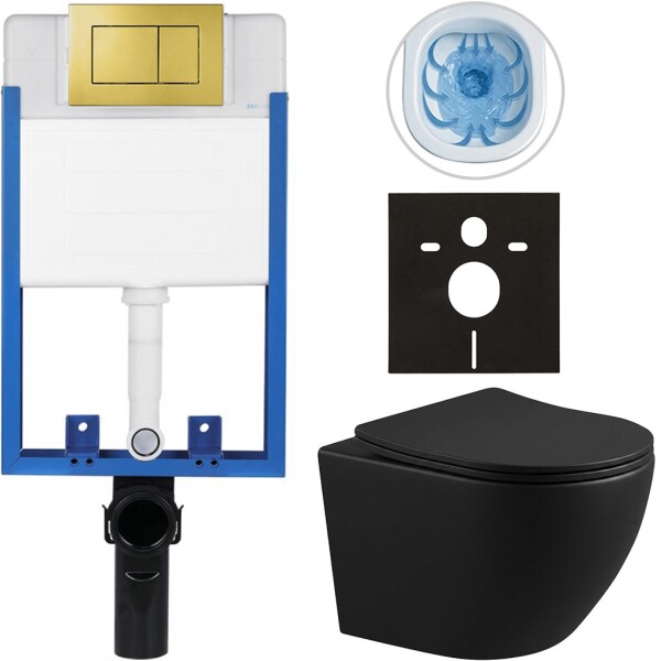 CERANO Kompletní podomítkový WC set Lite/Cesso - černá matná - WC tlačítko Classic, zlatá - k zazdění - 49x36 cm - 296329