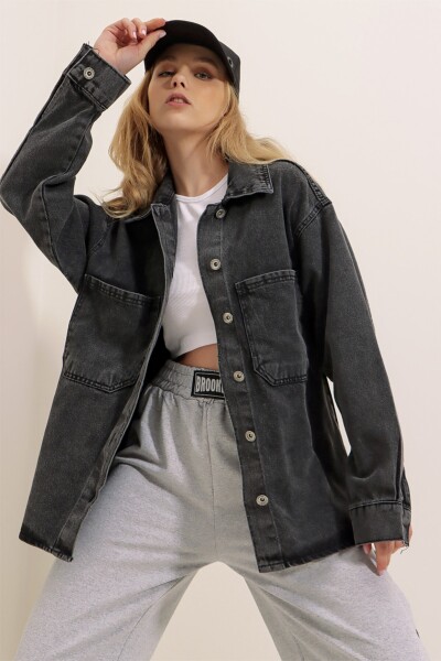 Trend Alaçatı Stili Dámské Antracit Dvojitá Kapsa Washed Oversize Denim Jacket