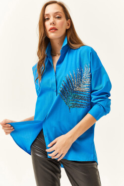 Olalook Women's Saxe Blue Palm Sequin Detailed Oversize Woven Poplin Shirt