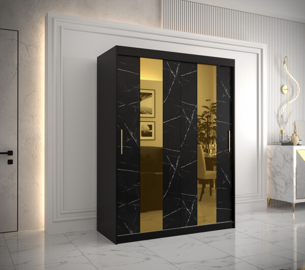 Šatní skříň Abi Golden Pole Barva korpusu: Černá, Rozměry: 150 cm, Dveře: Černý mramor se zlatým zrcadlem