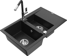 MEXEN/S - Gaspar granitový dřez 1.5 s odkapávačem včetně baterie Flora, černá/stříbrná 6507-73-670401-07