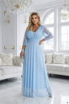 654-3 Dlouhé třpytivé plus size šaty s výstřihem a průhlednými rukávy - modré UNI