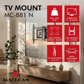 Nástěnný držák TV MC-881 N černá / Nástěnný držák pro TV / 37-90" / VESA 600x400 / náklon / nosnost 65 kg (MC-881 N)