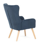 Křeslo, potah modrá manšestrová látka, dřevěné nohy, masiv kaučukovník
