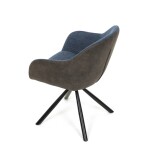 Židle jídelní, modrá látka a tmavě šedá látka v dekoru vintage kůže, černý kov, otočná P90°+ L90° s vratným mechanismem