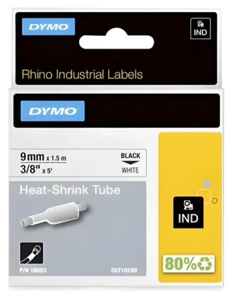 Dymo RHINO smršťovací bužírka 9mm bílá / Bužírka do tiskárny štítků / černý tisk / 1,5 m (18053)