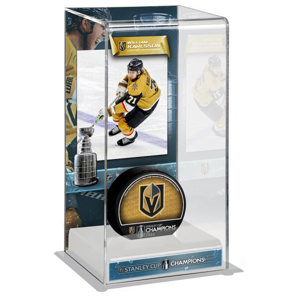 Fanatics Akrylátová vytrínka na puk Vegas Golden Knights William Karlsson 2023 Stanley Cup Champions Logo Deluxe Tall Hockey Puck Case