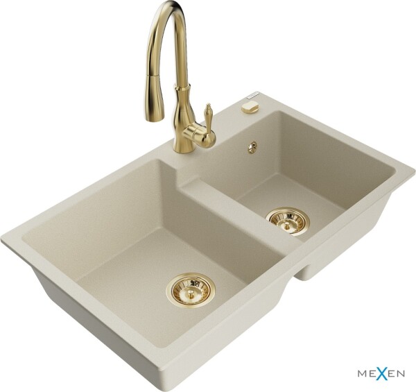 MEXEN/S - Tomas granitový dřez 2-bowl včetně baterie Savita, béžová 6516-69-672601-50