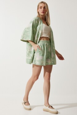 Happiness İstanbul Women's Green Tropical Patterned Summer Raw Linen Kimono Shorts