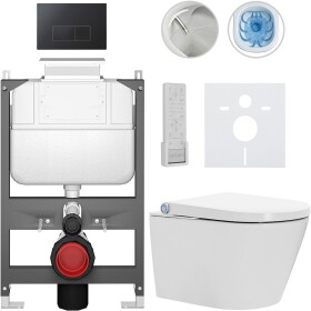 CERANO Závěsné WC s bidetem Basic/Cronus Premium - bílá lesklá - WC tlačítko Modulo/Černá - ovládání shora - předstěnová instalace - 59,3x38,4 cm