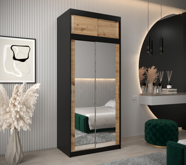 Šatní skříň Abi T3 s nástavcem Barva korpusu: Černá, Rozměry: 100 cm, Dveře: Dub-Artisan