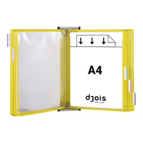 Djois nástěnný kovový držák s rámečky, 10 rámečků s kapsami A4 na výšku, žluté, 1 set