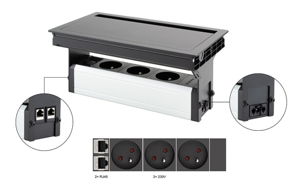 Versalogic VersaFlap Mono 2.0 elektrická zásuvka 3x 230V, Francouzská, RJ45, černá matná (497044)