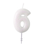 Dortová svíčka číslo 6 bílá s glitry Amscan Dortová svíčka číslo 6 bílá s glitry Amscan