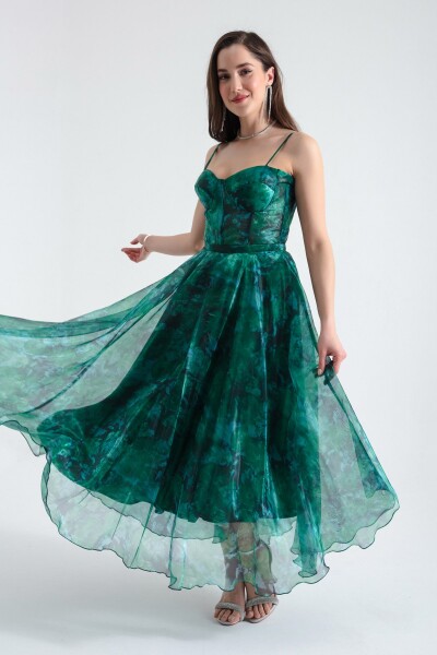 Lafaba Women's Emerald Green Design Organza Evening Dress