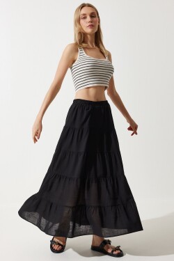 Happiness İstanbul Women's Black Flounce Summer Loose Comfortable Skirt