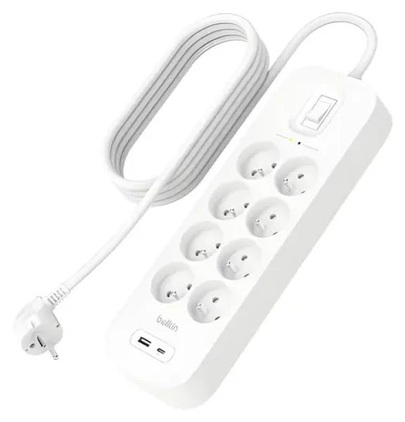 Belkin Prodlužovací kabel s přepěťovou ochranou / Prodlužovací kabel / 8x zásuvka / USB-A+C / 900J / 2m (SRB003ca2M)
