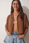 Happiness İstanbul Women's Brown Linen Crop Shirt