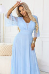 654-3 Dlouhé třpytivé plus size šaty s výstřihem a průhlednými rukávy - modré UNI