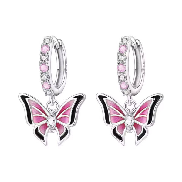 Stříbrné náušnice Motýl v růžovo-černém designu - stříbro 925/1000, Růžová