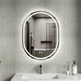 Erga Lyra, oválné LED zrcadlo 60x80cm, 3 barvy světla, přední a zadní osvětlení, vyhřívací podložka proti zapaření, ERG-V01-LYRA-6080-CL