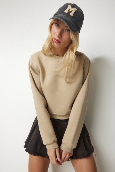 Happiness İstanbul Woman's Beige Raised Crop Sweatshirt