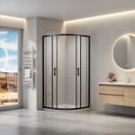 Erga Peoria, čtvrtkruhový sprchový kout s posuvnými dveřmi 80(dveře) x 80(stěna) x 190 cm, 6mm čiré sklo, černý profil, ERG-Q02-PEORIA-D080D080-CL-BK
